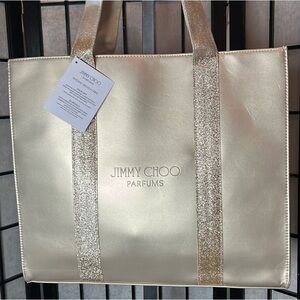 Jimmy Choo Gold Tote Bag with Glittery Straps and Metallic Finish